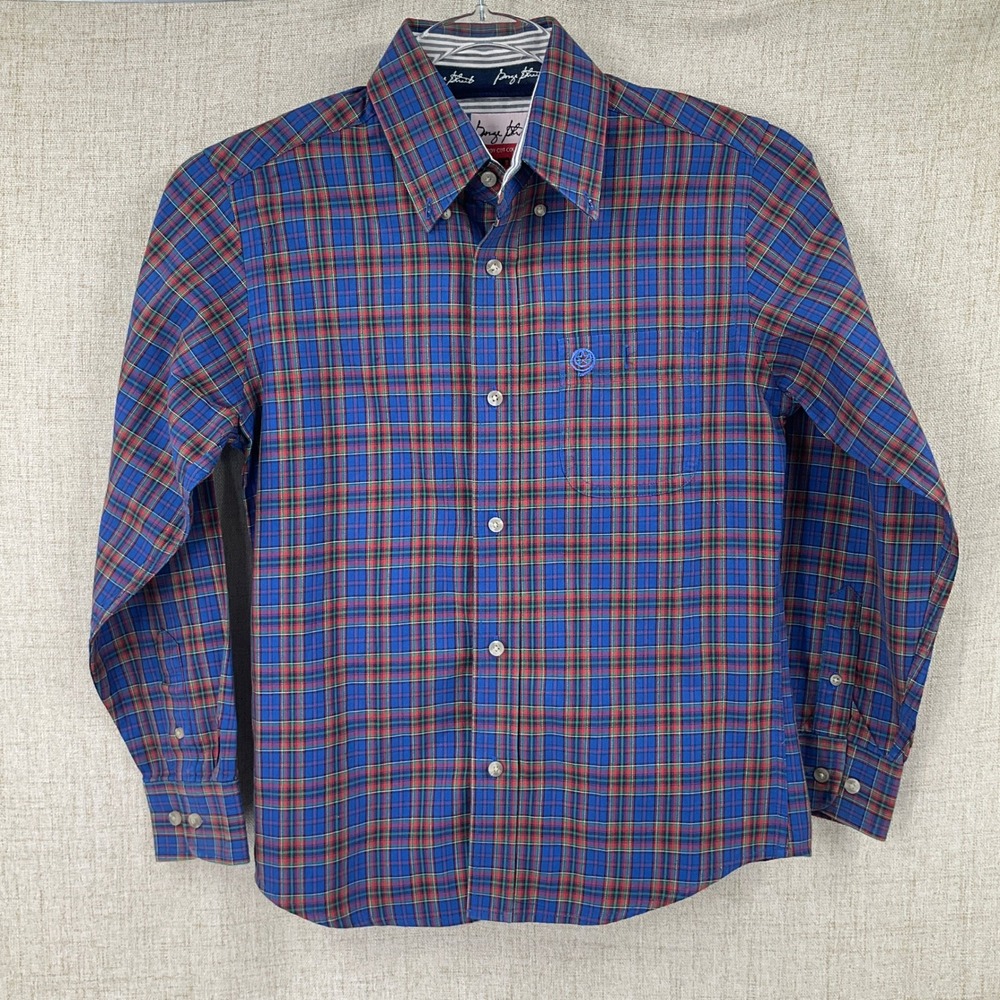 Wrangler‎ George Strait Shirt Kids Medium Blue Cotton Plaid Western Cowboy Ranch